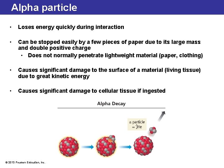 Alpha particle • Loses energy quickly during interaction • Can be stopped easily by