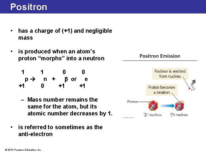 Positron • has a charge of (+1) and negligible mass • is produced when
