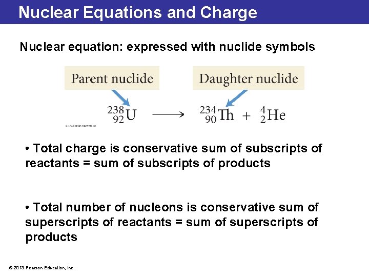 Nuclear Equations and Charge Nuclear equation: expressed with nuclide symbols • Total charge is