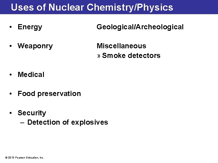 Uses of Nuclear Chemistry/Physics • Energy Geological/Archeological • Weaponry Miscellaneous » Smoke detectors •