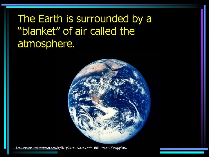 The Earth is surrounded by a “blanket” of air called the atmosphere. http: //www.