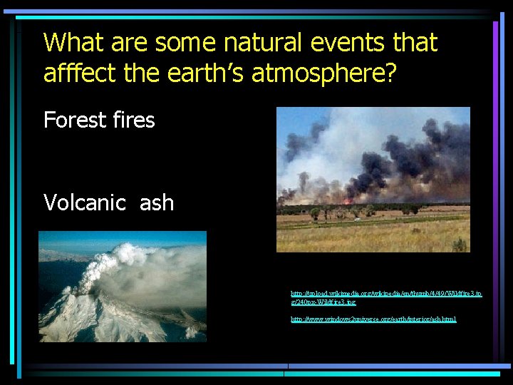 What are some natural events that afffect the earth’s atmosphere? Forest fires Volcanic ash