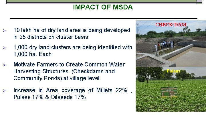 IMPACT OF MSDA 10 lakh ha of dry land area is being developed in