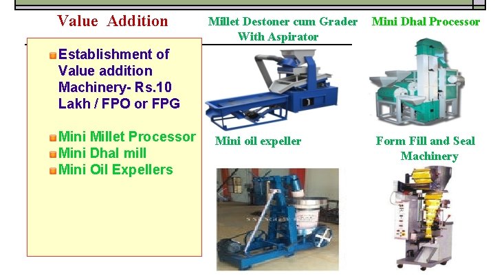 Value Addition Millet Destoner cum Grader With Aspirator Mini Dhal Processor Establishment of Value