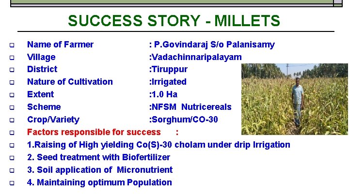 SUCCESS STORY - MILLETS q q q Name of Farmer : P. Govindaraj S/o