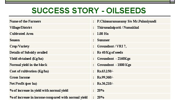 SUCCESS STORY - OILSEEDS Name of the Farmers : P. Chinnaramasamy S/o Mr. Palaniyandi