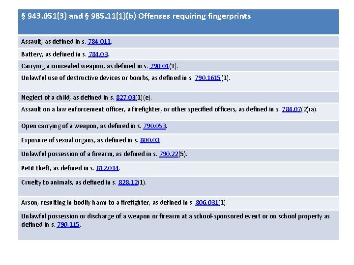 § 943. 051(3) and § 985. 11(1)(b) Offenses requiring fingerprints Assault, as defined in