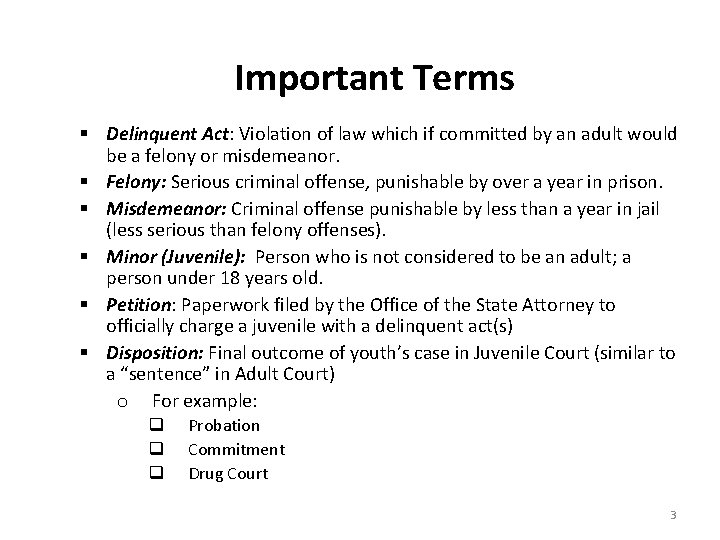 Important Terms § Delinquent Act: Violation of law which if committed by an adult