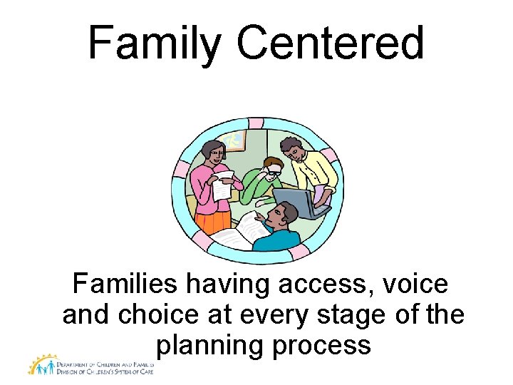 Family Centered Families having access, voice and choice at every stage of the planning