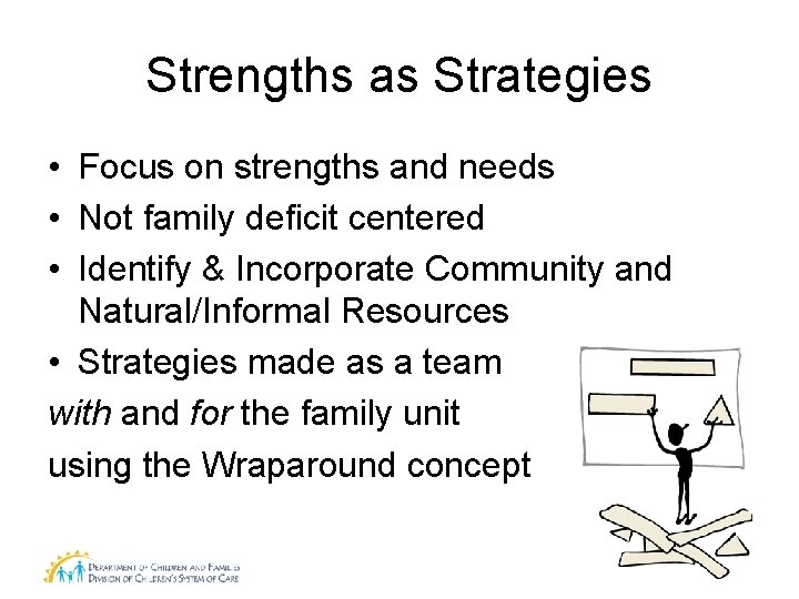 Strengths as Strategies • Focus on strengths and needs • Not family deficit centered