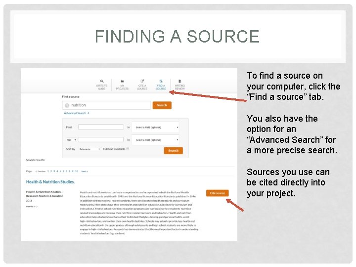 FINDING A SOURCE To find a source on your computer, click the “Find a