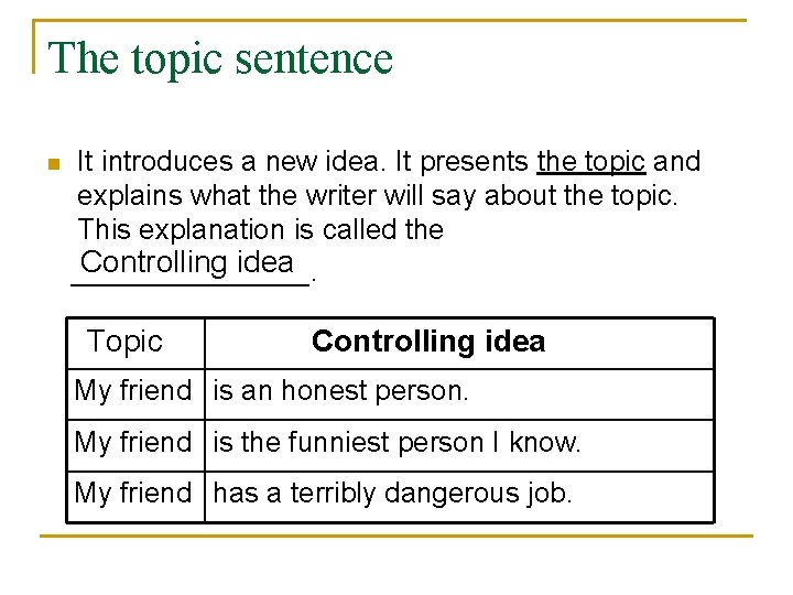 The topic sentence It introduces a new idea. It presents the topic and explains