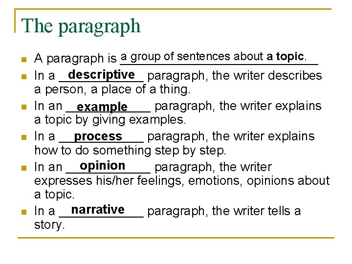 The paragraph n n n a group of sentences about a topic. A paragraph