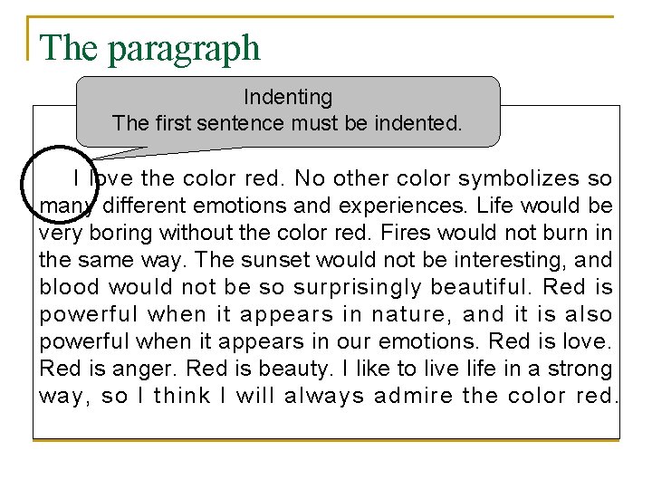 The paragraph Indenting The first sentence must be indented. Red I love the color