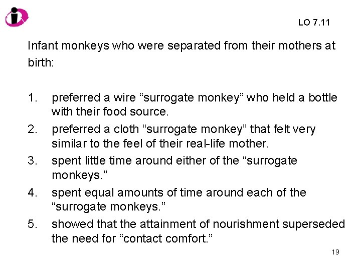 LO 7. 11 Infant monkeys who were separated from their mothers at birth: 1.