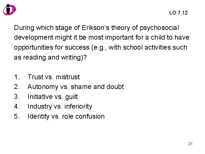 LO 7. 12 During which stage of Erikson’s theory of psychosocial development might it