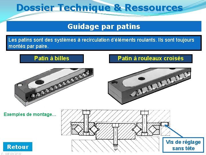 Dossier Technique & Ressources Guidage par patins Les patins sont des systèmes à recirculation