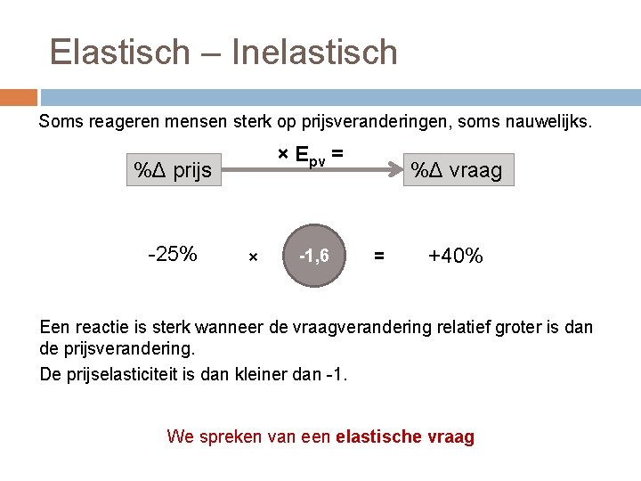 Elastisch – Inelastisch Soms reageren mensen sterk op prijsveranderingen, soms nauwelijks. × Epv =