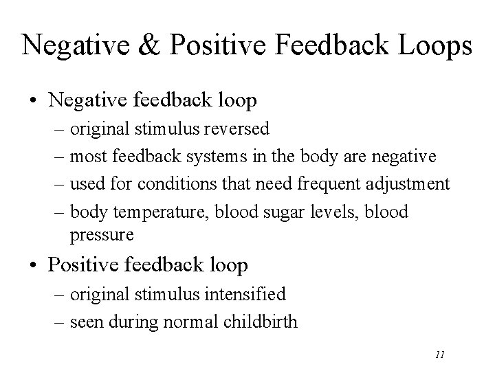 Negative & Positive Feedback Loops • Negative feedback loop – original stimulus reversed –