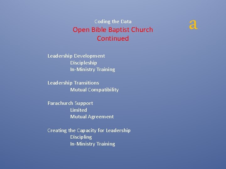 Coding the Data Open Bible Baptist Church Continued Leadership Development Discipleship In-Ministry Training Leadership