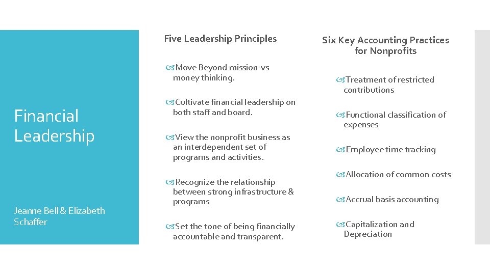 Five Leadership Principles Move Beyond mission-vs money thinking. Financial Leadership Jeanne Bell & Elizabeth