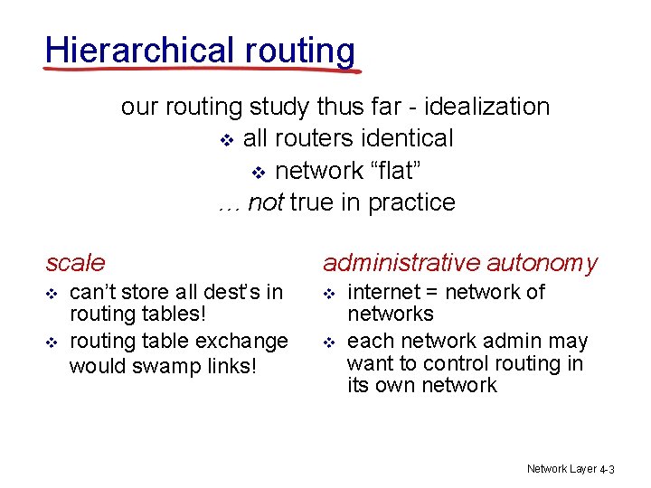 Hierarchical routing our routing study thus far - idealization v all routers identical v