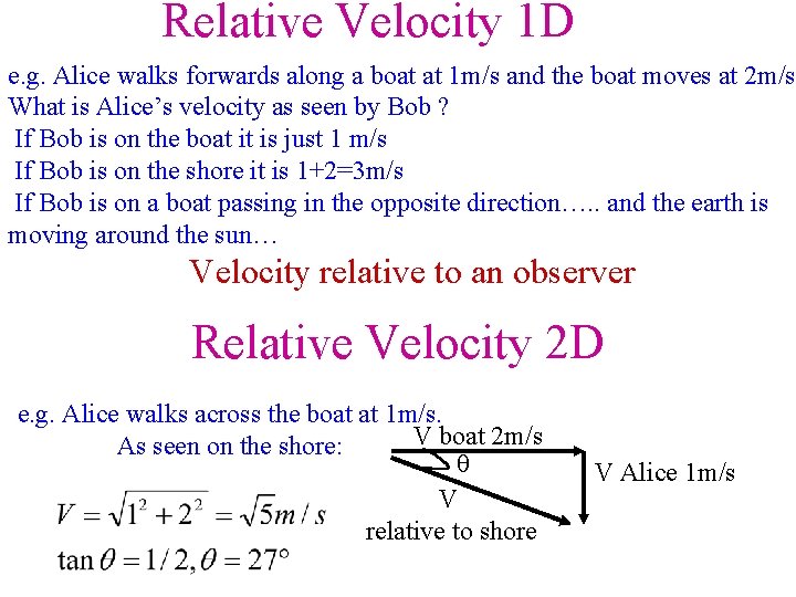 Relative Velocity 1 D e. g. Alice walks forwards along a boat at 1