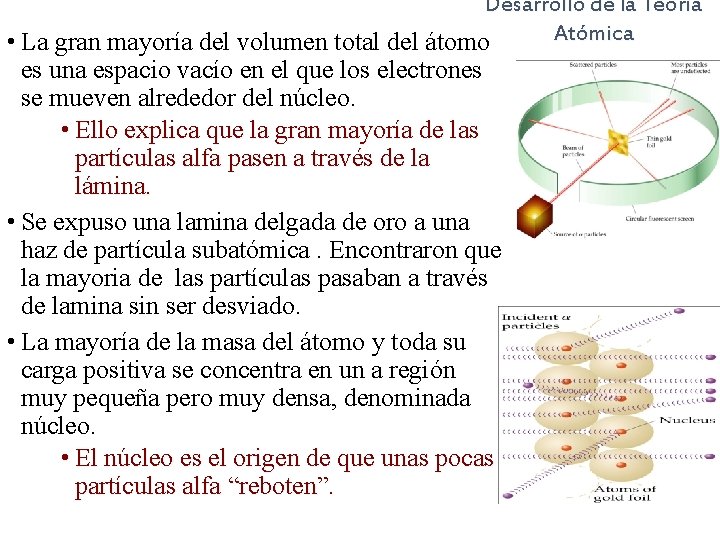 Desarrollo de la Teoría Atómica • La gran mayoría del volumen total del átomo