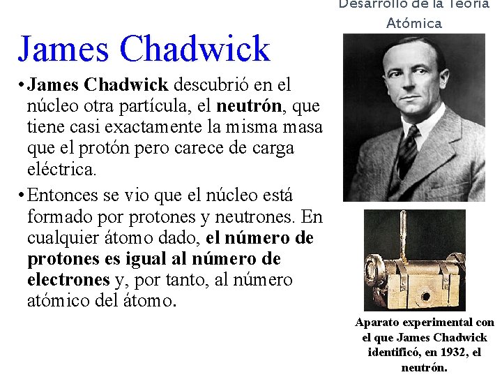 James Chadwick Desarrollo de la Teoría Atómica • James Chadwick descubrió en el núcleo