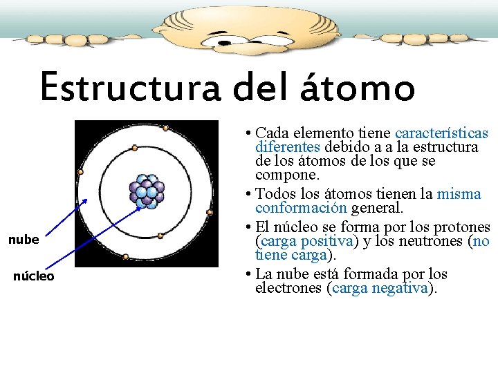 Estructura del átomo nube núcleo • Cada elemento tiene características diferentes debido a a