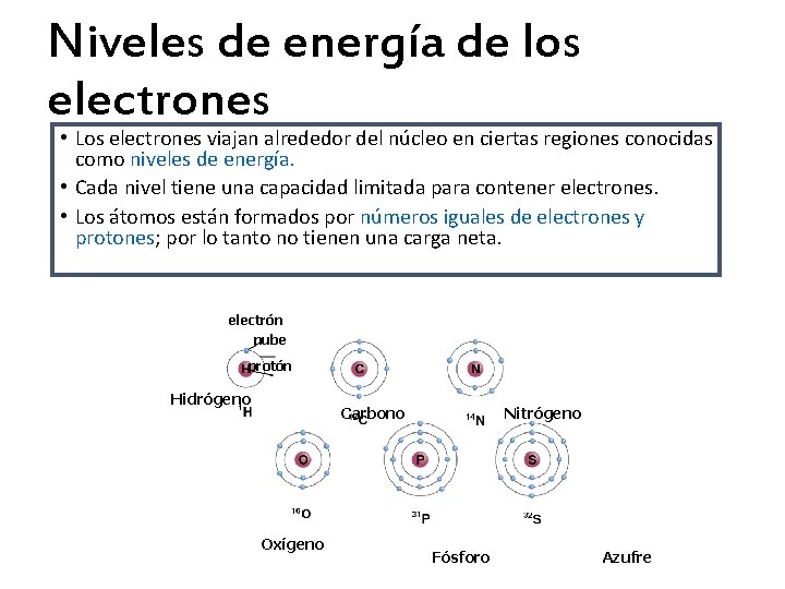 Niveles de energía de los electrones • Los electrones viajan alrededor del núcleo en