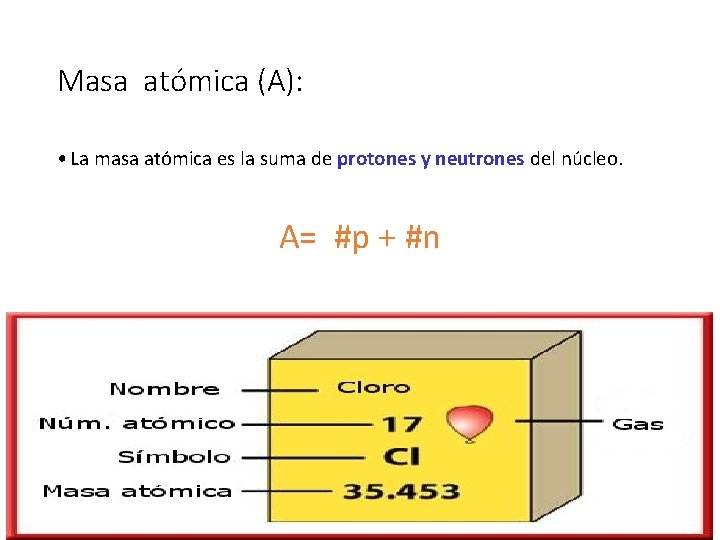 Masa atómica (A): • La masa atómica es la suma de protones y neutrones
