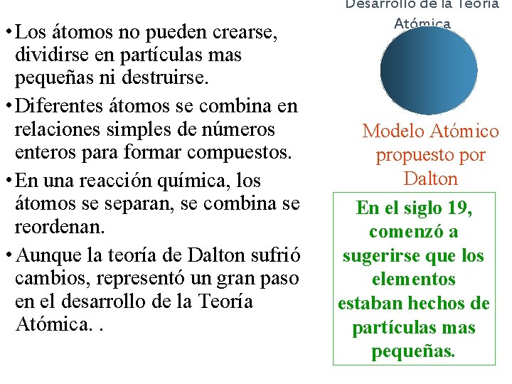  • Los átomos no pueden crearse, dividirse en partículas mas pequeñas ni destruirse.