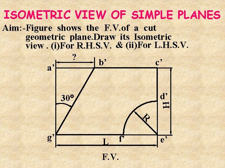 ISOMETRIC VIEW OF SIMPLE PLANES Aim: -Figure shows the F. V. of a cut