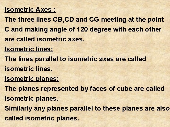 Isometric Axes : The three lines CB, CD and CG meeting at the point