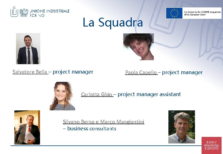 La Squadra Salvatore Bella – project manager Paola Capello – project manager Carlotta Ghio