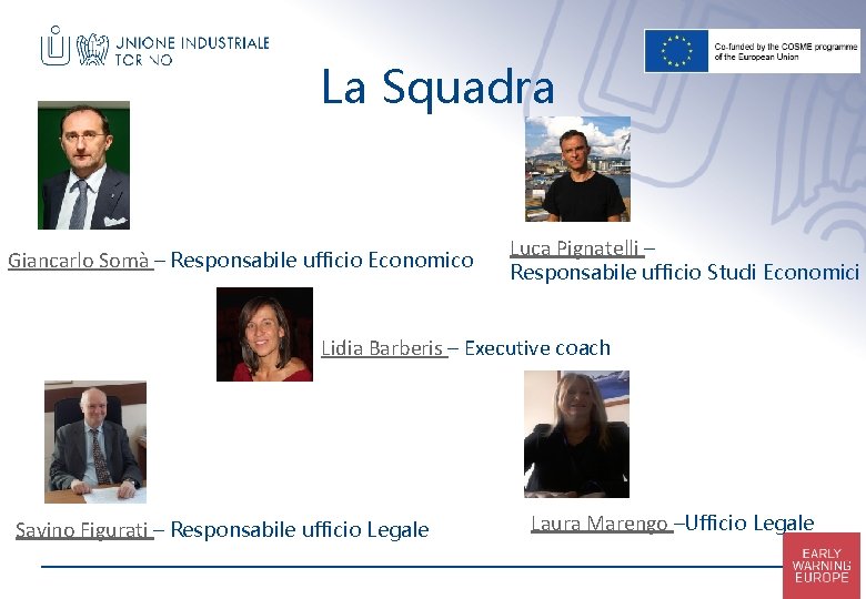 La Squadra Giancarlo Somà – Responsabile ufficio Economico Luca Pignatelli – Responsabile ufficio Studi