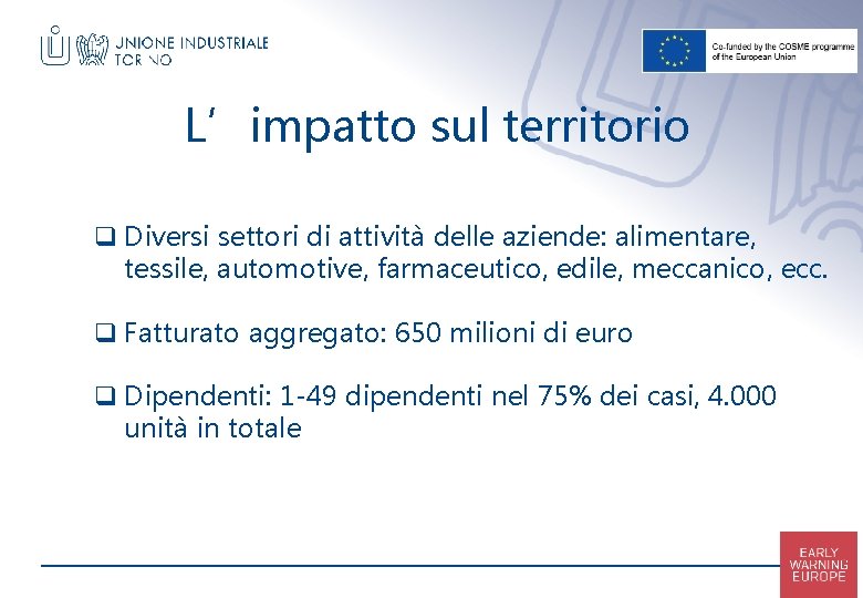 L’impatto sul territorio q Diversi settori di attività delle aziende: alimentare, tessile, automotive, farmaceutico, L’impatto sul territorio q Diversi settori di attività delle aziende: alimentare, tessile, automotive, farmaceutico,