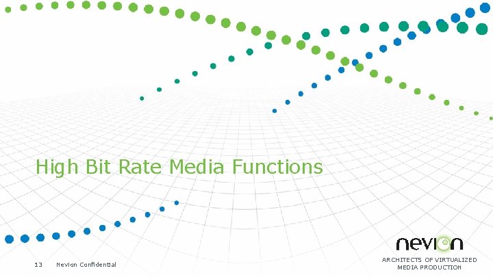 High Bit Rate Media Functions 13 Nevion Confidential ARCHITECTS OF VIRTUALIZED MEDIA PRODUCTION 