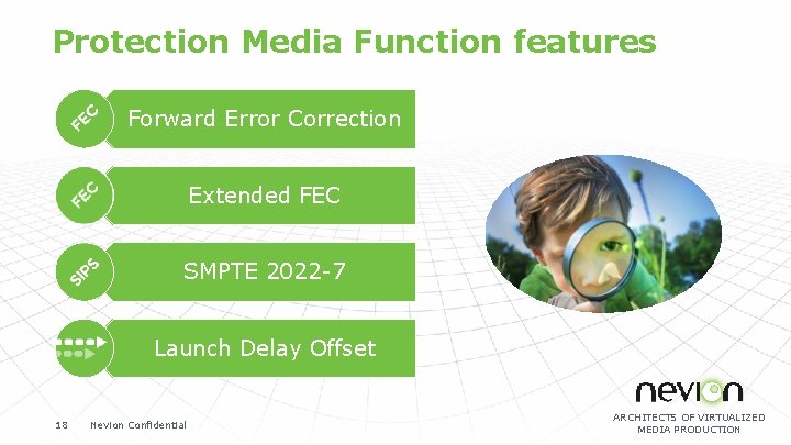 Protection Media Function features Forward Error Correction Extended FEC SMPTE 2022 -7 Launch Delay