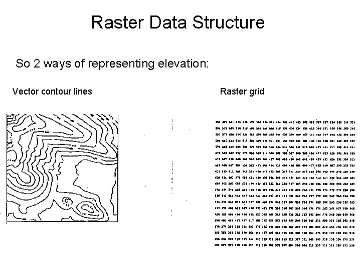 Raster Data Structure So 2 ways of representing elevation: Vector contour lines Raster grid