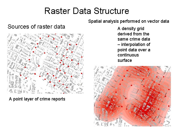Raster Data Structure Sources of raster data A point layer of crime reports Spatial