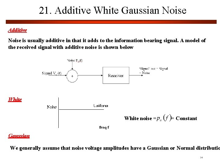 21. Additive White Gaussian Noise Additive Noise is usually additive in that it adds