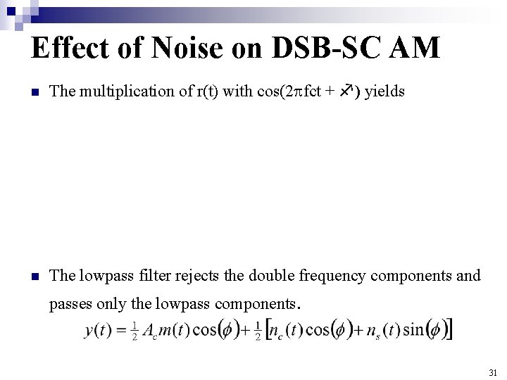 Effect of Noise on DSB-SC AM n The multiplication of r(t) with cos(2 fct