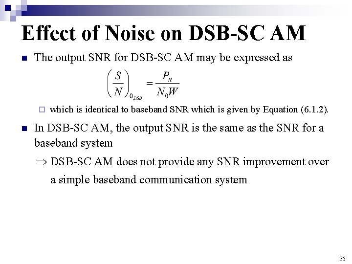 Effect of Noise on DSB-SC AM n The output SNR for DSB-SC AM may