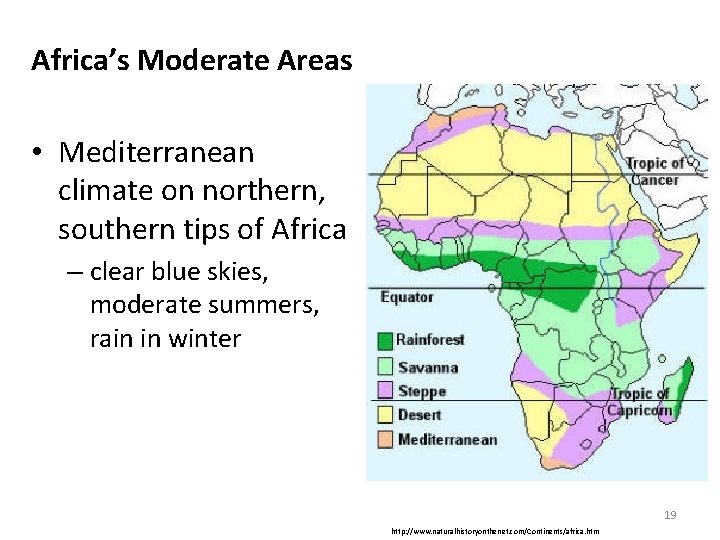 Africa’s Moderate Areas • Mediterranean climate on northern, southern tips of Africa – clear