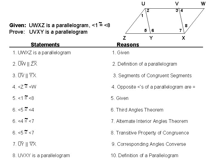 U V 2 W 3 4 1 Given: UWXZ is a parallelogram, <1 ~ U V 2 W 3 4 1 Given: UWXZ is a parallelogram, <1 ~