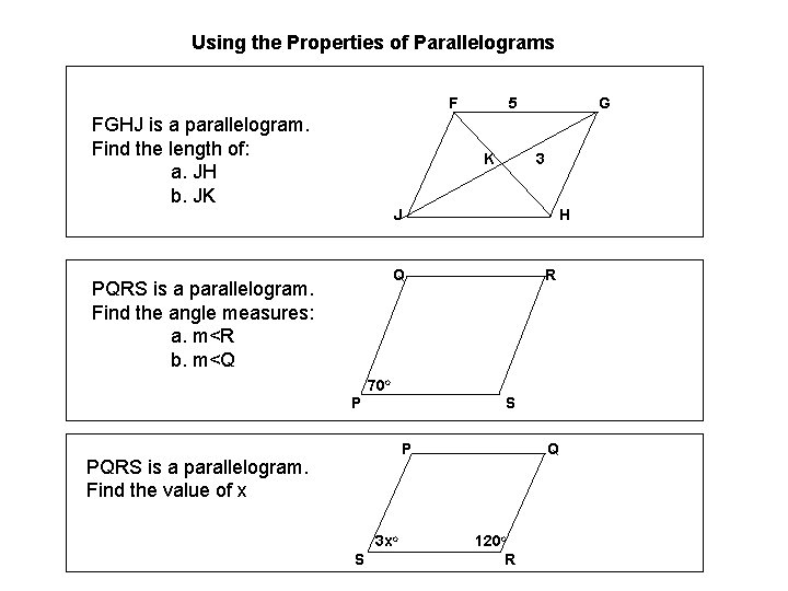 Using the Properties of Parallelograms F FGHJ is a parallelogram. Find the length of: Using the Properties of Parallelograms F FGHJ is a parallelogram. Find the length of: