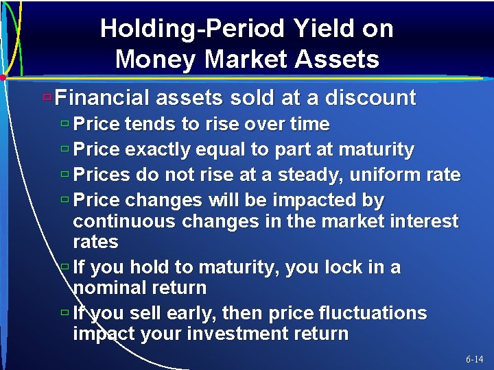 Holding-Period Yield on Money Market Assets ù Financial assets sold at a discount ù