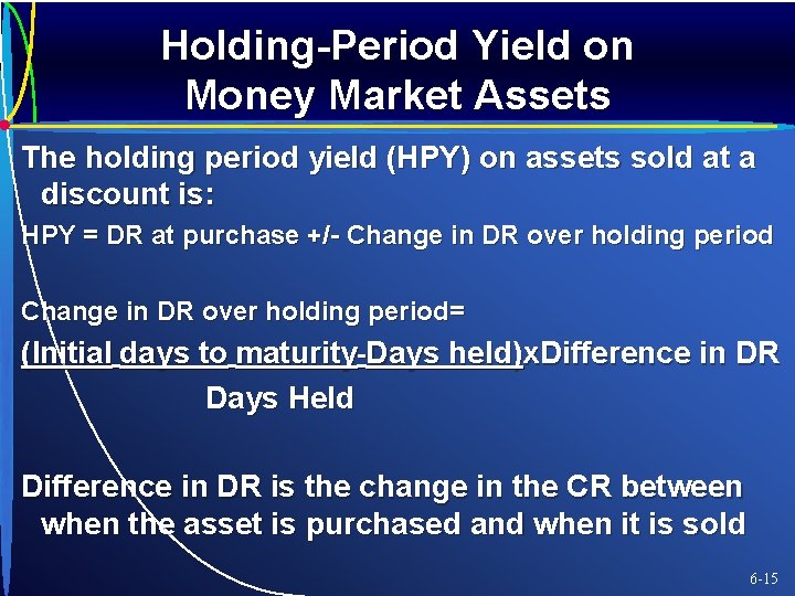 Holding-Period Yield on Money Market Assets The holding period yield (HPY) on assets sold